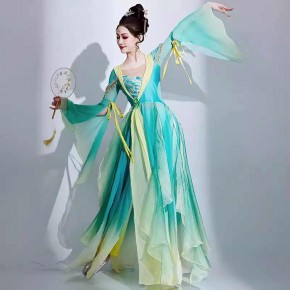 Green chinese folk dance dress Fairy hanfu for women girls ancient traditional classical fan umbrella stage performance costumes for female